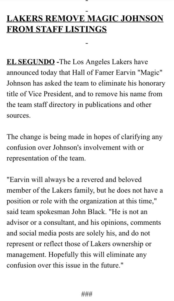 湖人發聲明“撇清”跟魔術師關系 